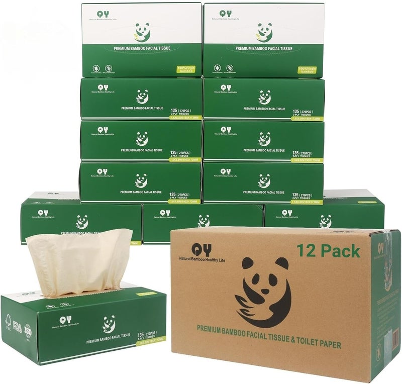 QINGYA Unbleached Bamboo Facial Tissues - 12 Boxes of 100% Natural, Hypoallergenic, 134 Sheets per Box, FSC Certified, Eco - Friendly, Ultra - Soft & Gentle for Everyday Home and Office Use - Image 1